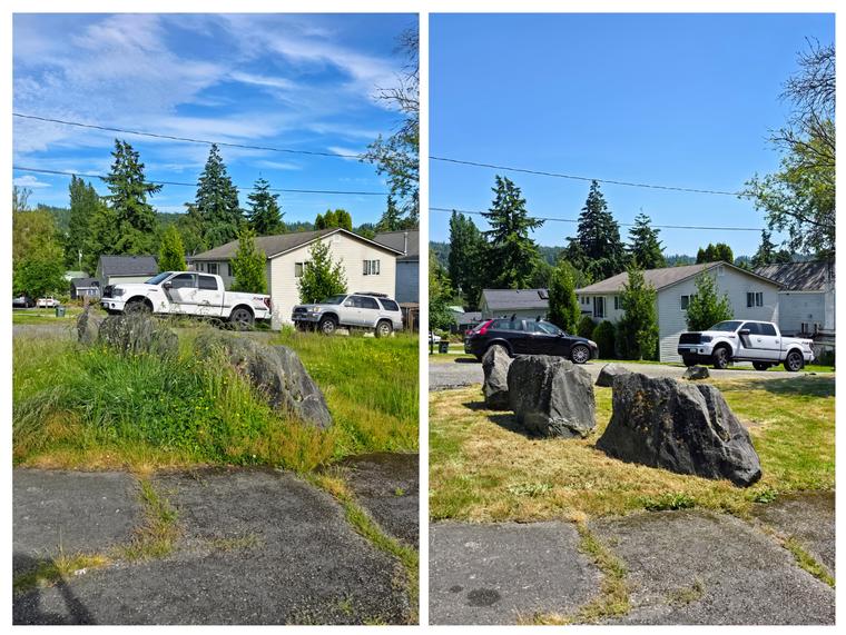 Before and after: Corner lot with boulders - full mow at Birch Bay Village in Blaine, WA